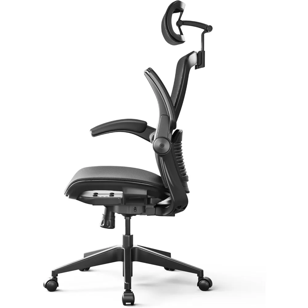 كرسي مكتب مريح عالي الظهر مع مسند ذراع قابل للطي، دعم قطني 8 مستويات، شبكة مسامية، مقاس S #4