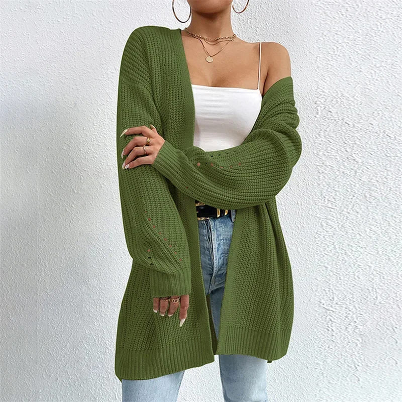 2024 Autumn Elegant Solid Cardigan Sweater Women Winter Thickened Warm Split Hem Long Jumpers Female Commuter Knitted Outerwear