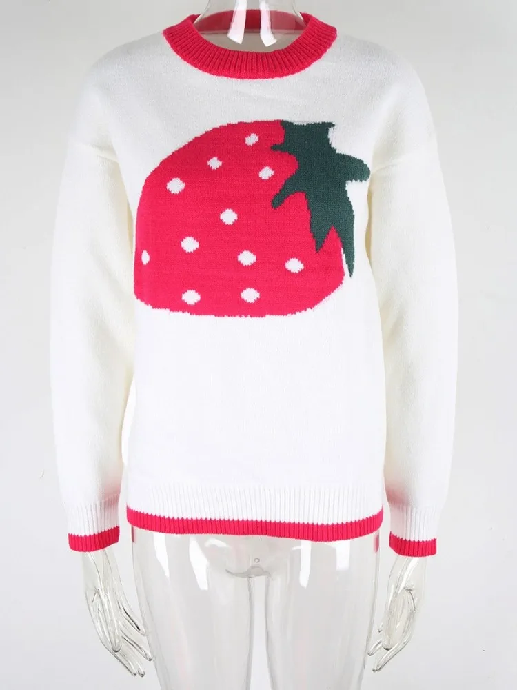 2025 Autumn Women O-Neck Ruffles Sweater Long Sleeve Knitted Bottoming Strawberry Pullovers Stripe Women Casual Sweater Winter