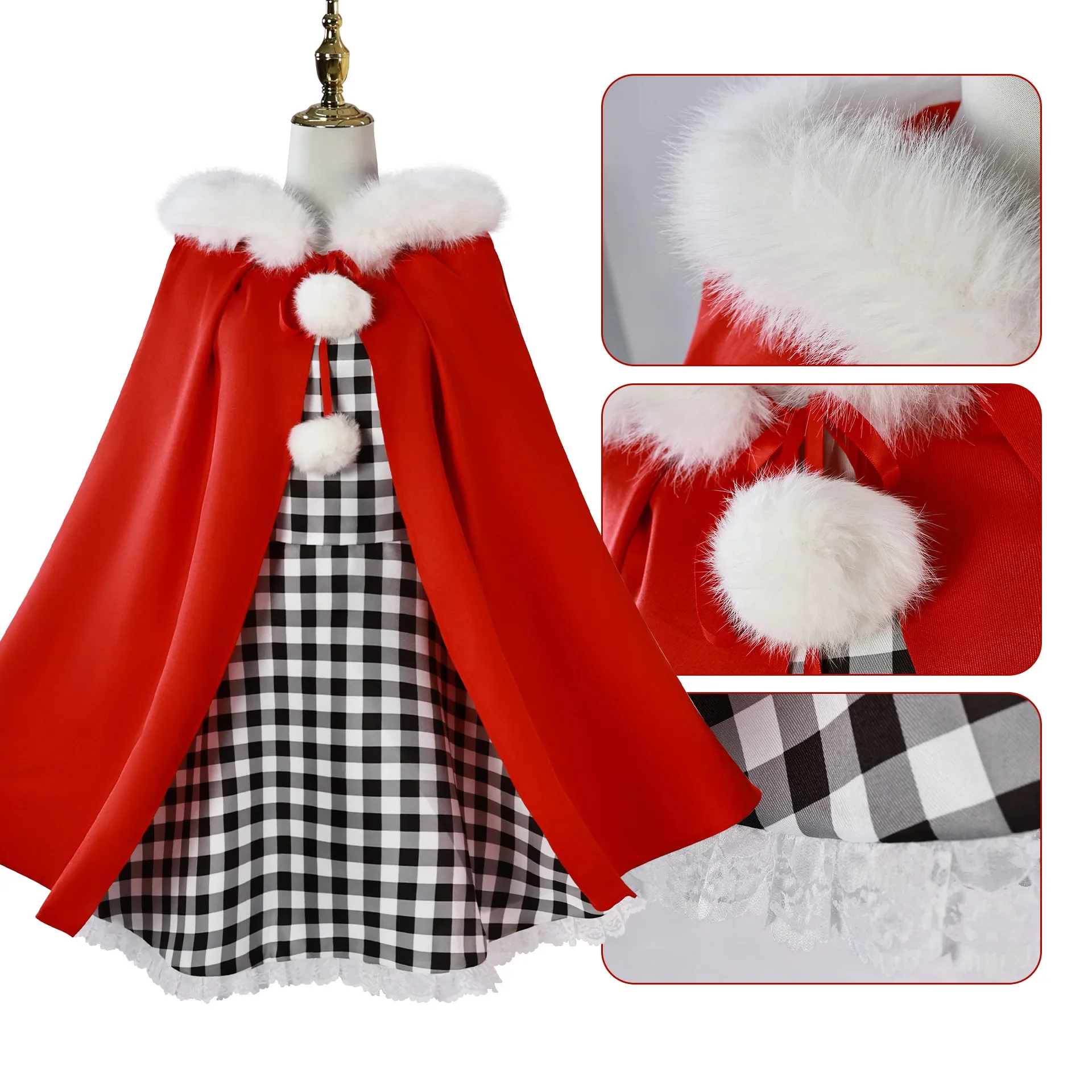Cindy Lou Cosplay Costume White Fluff Red Hood Cloak Plaid Dress Christmas Lovly Lolita Outfit Halloween Women Girls