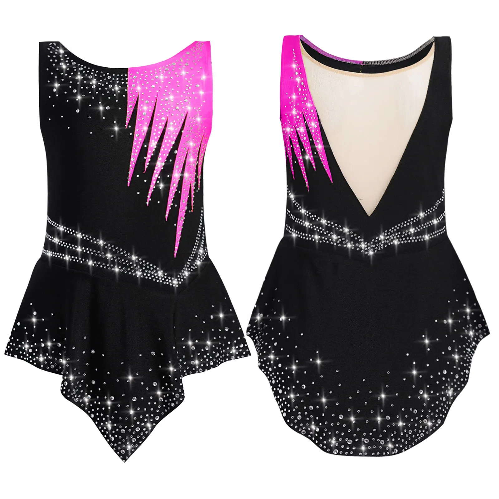 

Kids Girls Acrobatics Gymnastics Leotard Rhinestones Tutu Dress Sleeveless Leotard Bodysuit for Ballet Figure Skating Dancewear