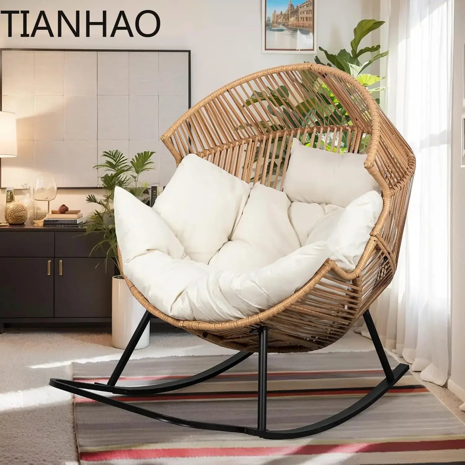 Nordic Beige Egg Chair  Rocking with Cushion,Patio Lounge Outdoor, Indoor, Backyard, Balcony, Garden