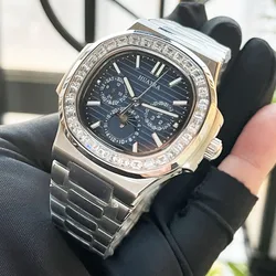 42.5 Steel case Fashion Men automatic inset white diamond waterproof sun and moon image 6 point calendar blue mechanical AAA