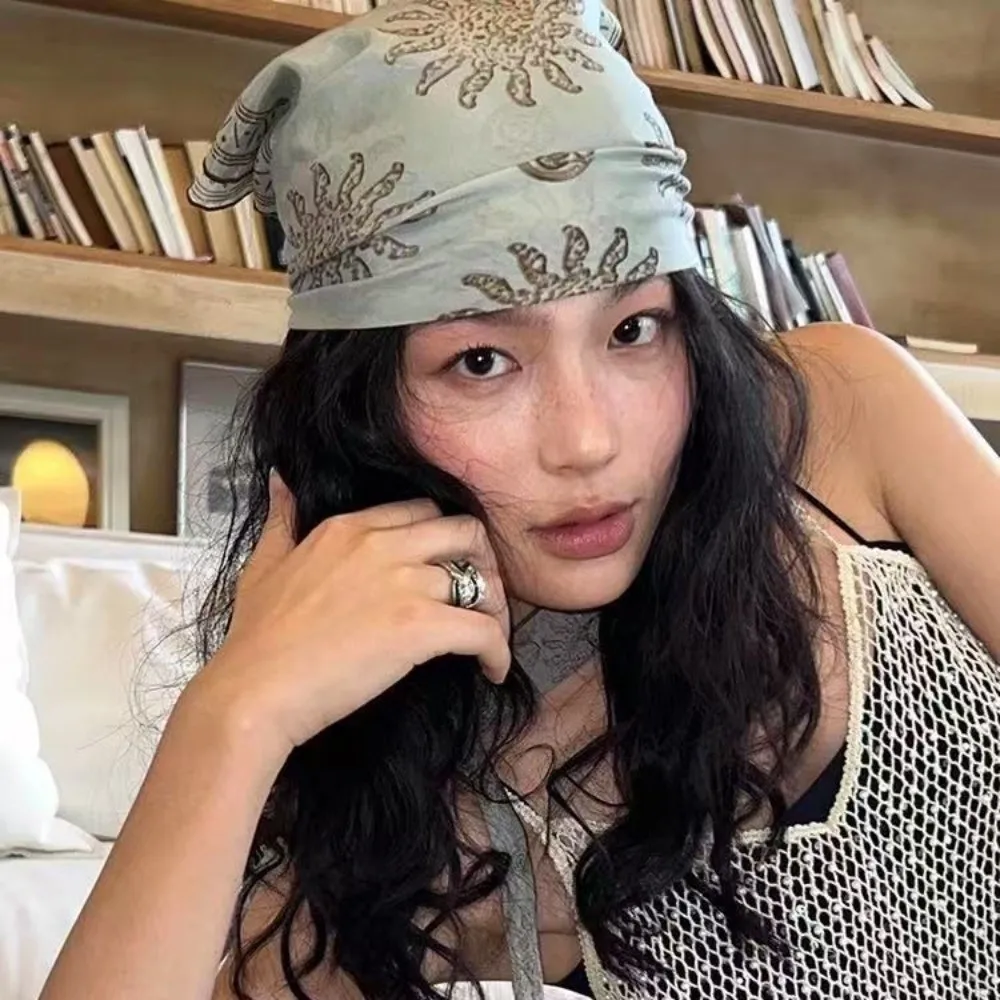 Fashion Flower Square Headscarf Y2K Hip Hop Print Hair Scarf Soft Wrap Headband Punk Bandana Ladies