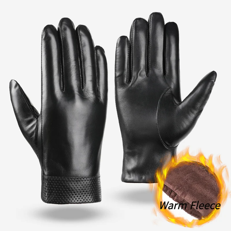 

High Quality Sheepskin Men Gloves Genuine Leather Autumn Winter Windproof Warm Fleece Touch Screen Business Full Finger Gloves