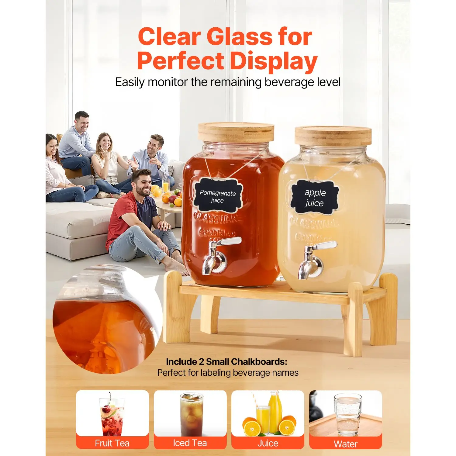 Beverage Dispenser, 2 Pack 1 Gallon Drink Dispensers for Parties, Glass Juice Dispenser with Wood Stand, Stainless Steel Spigot, Infuser, Iced Tea Lemonade Juice Water Dispensers for Parties view 5
