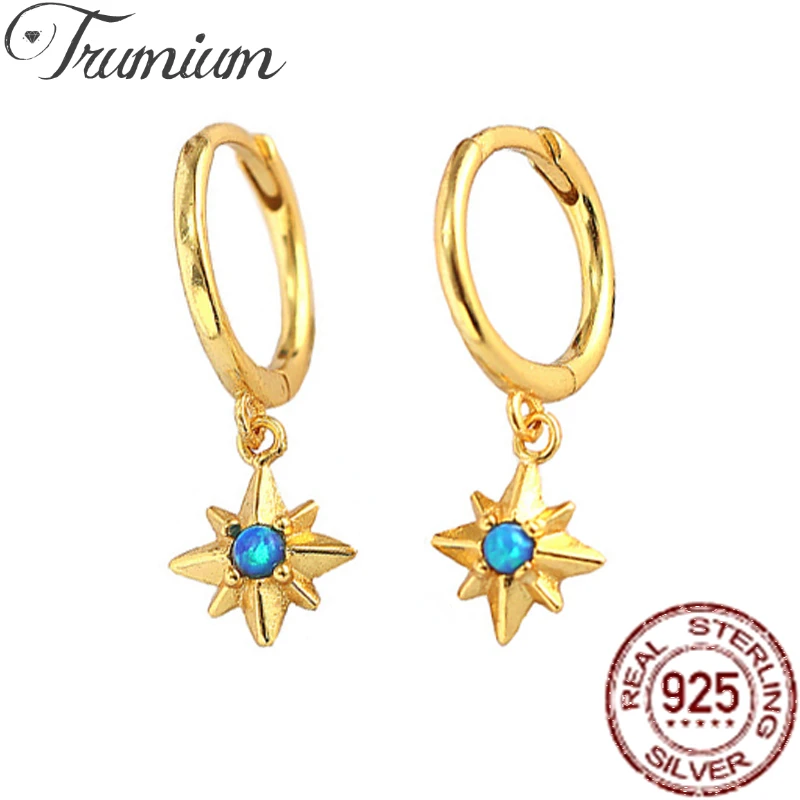 Trumium s925 Sterling Silver Blue Opal Starburst Huggie Hoop Earrings for Women Octet North Star Drop Earrings Gifts Girls