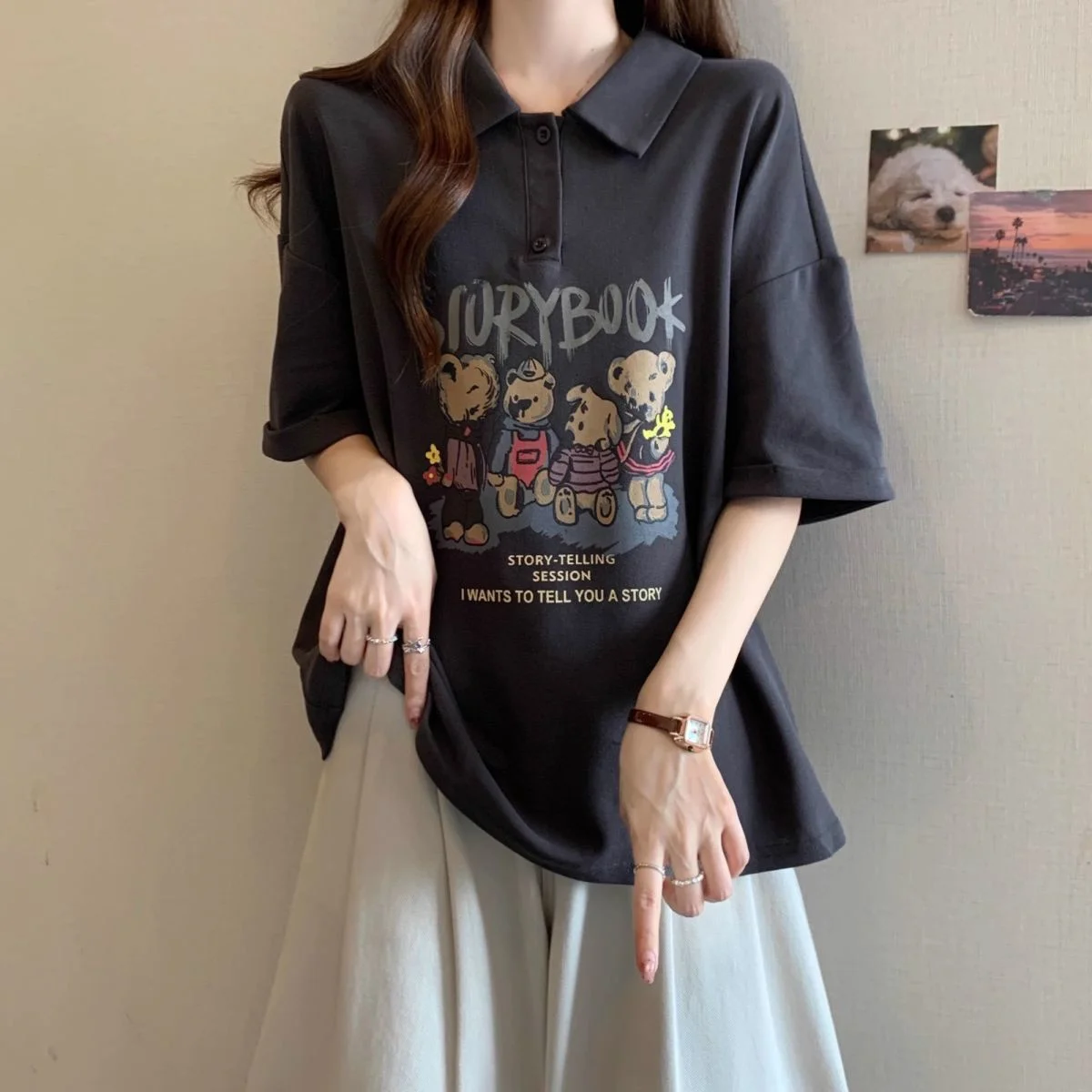 القطن الخالص الكرتون الدب طباعة Ne ort Sve تي شيرت المرأة فضفاضة تناسب الصيف جديد Sle التخسيس الأعلى الكورية Sle #3