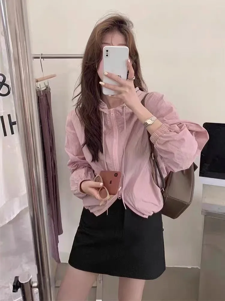 

Women Hooded Sun Protection Jacket Summer Casual Outerwear Trendy Harajuku Varsity Jacket Bomber Jacket Cropped Top