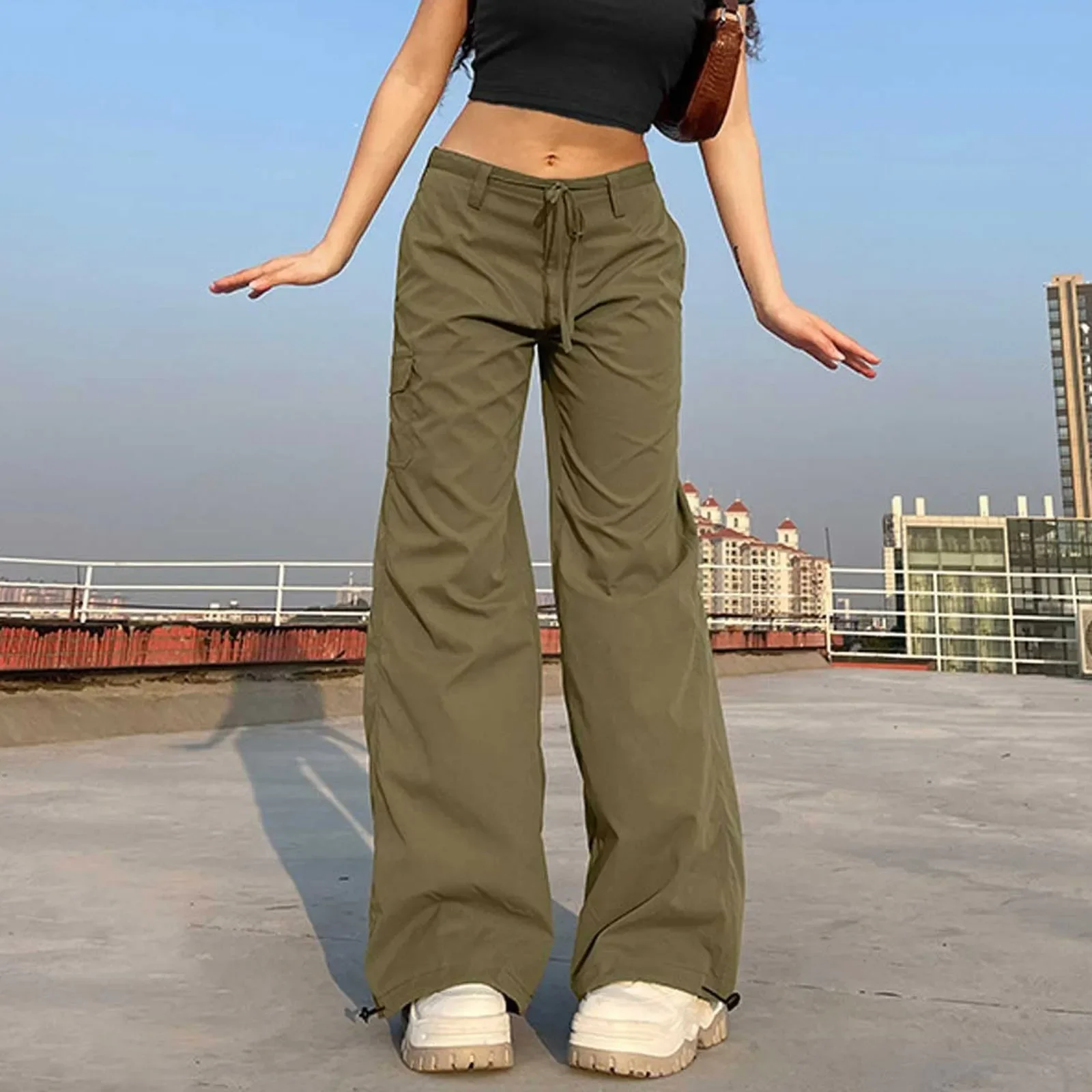 

Low Waist Y2k Pants Straight Wide Leg Trousers Women Cargo Pants Streetwear Vintage 90s Sweatpants Solid Drawstring Baggy Jeans