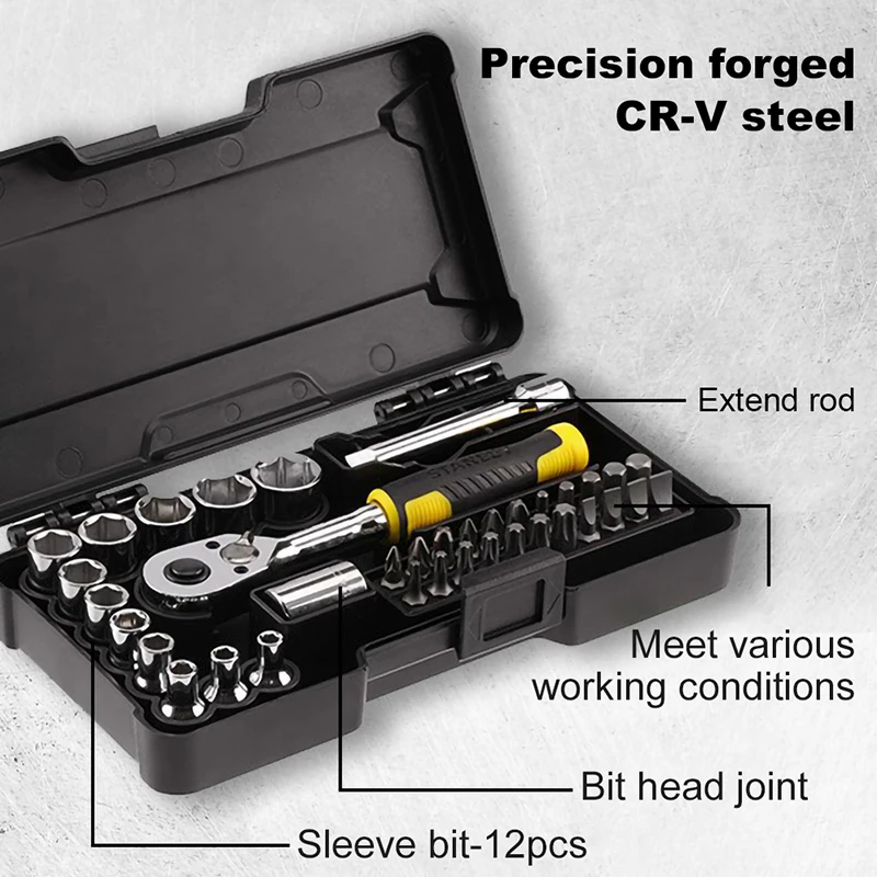 Stanley STMT82672 37Pcs 6.3mm(1/4 Inch) Professional Car Repair Wrench Set Include Ratchet Wrench Handle Sockets Extension Rod