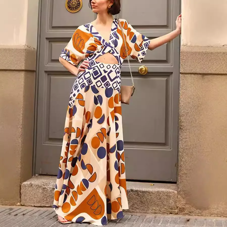 Women's V-neck Waist-cinching Printed Clothes Fake Two-piece Patchwork Fashion 8067 Birthday Dress Robe Maxi Outfits Midi
