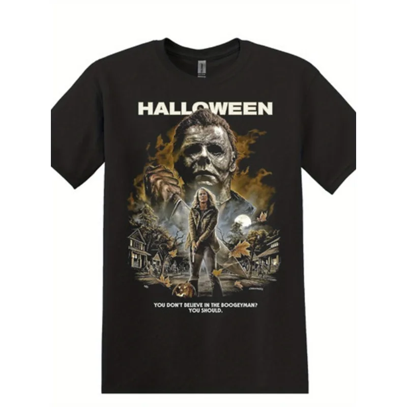 180g vintage Michael Myers and Laurie Strode T-shirt - iconic Halloween horror movie print, loose fit short sleeved T-shirt,