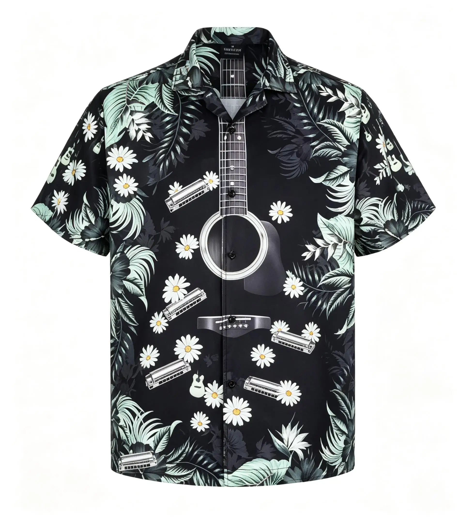 Men's Spring Summer Lapel Shirt, Black Tropical Leaf Guitar Daisy Print Casual Tops For Daily Street Vacation Outfit