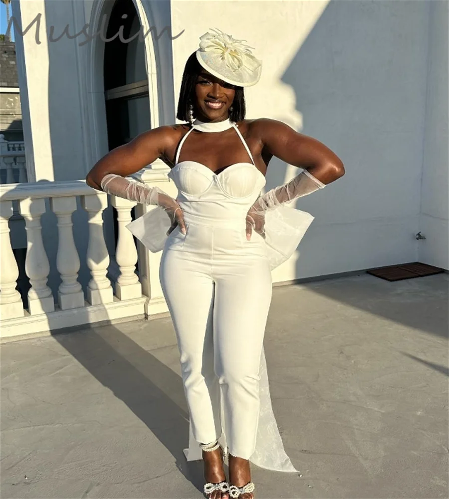 Chic Boho Jumpsuit Wedding Dress For Black Girls Halter Plus Size Bohemian Beach Bride Dress With Big Bow Elegant Grecian Bridal