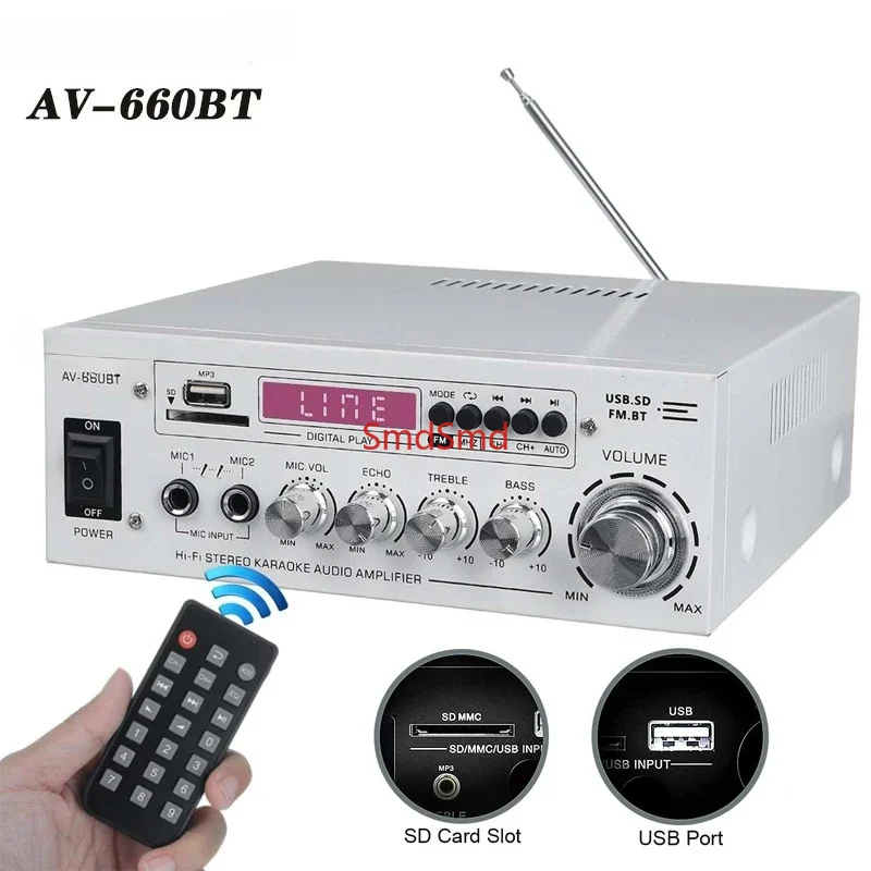 AV-660BT Sound Amplifier CH 2.1 Power Amplifiers For Home Car Meeting Theater AMP Support EQ FM USB SD Card 2 Mic input