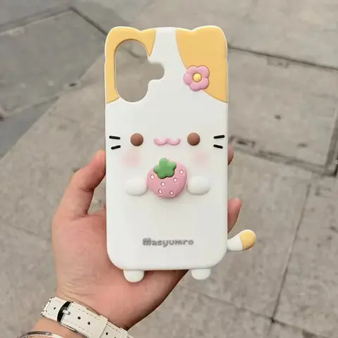 For iPhone 12 Mini 13 14 15 Plus 16 17 Pro Max 11 7 8 SE XR X XS Strawberry Cat Soft Silicone 3D Phone Case