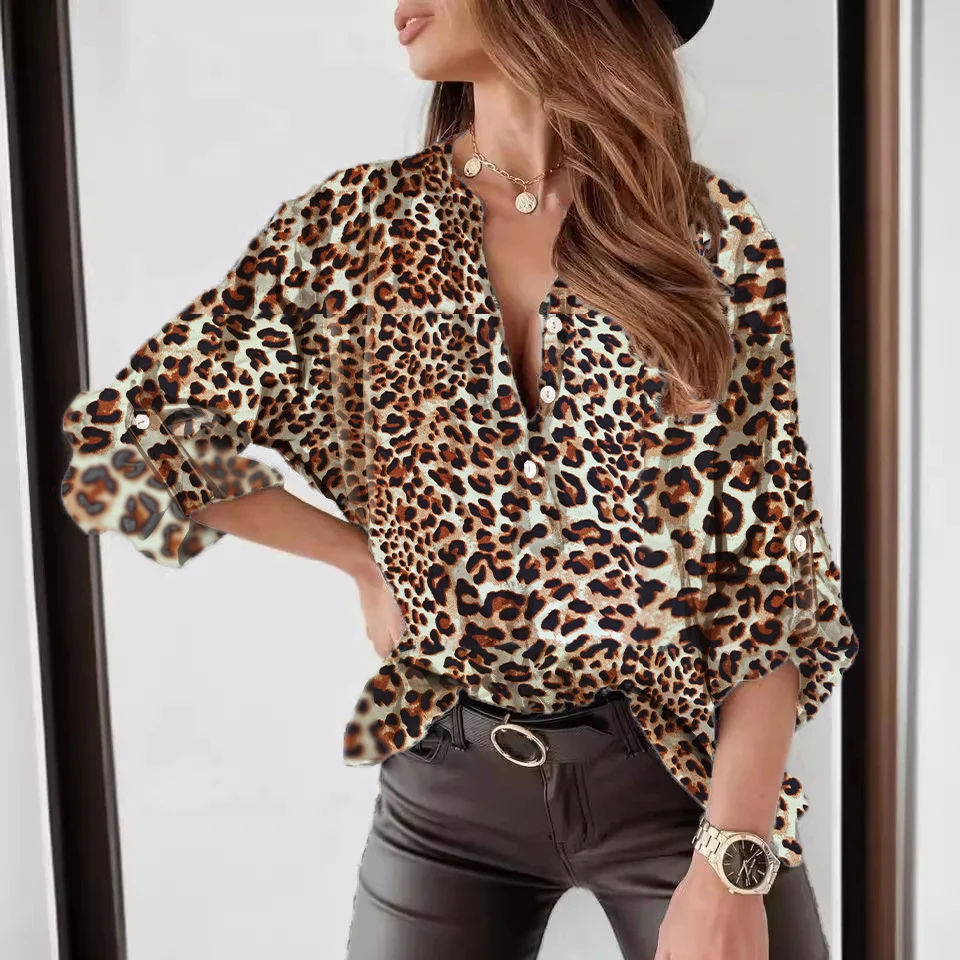 Women's Leopard Printed Shirts Office Lady V-Neck Button Up Long Sleeve Blouse Spring Autumn Work Top Clothes