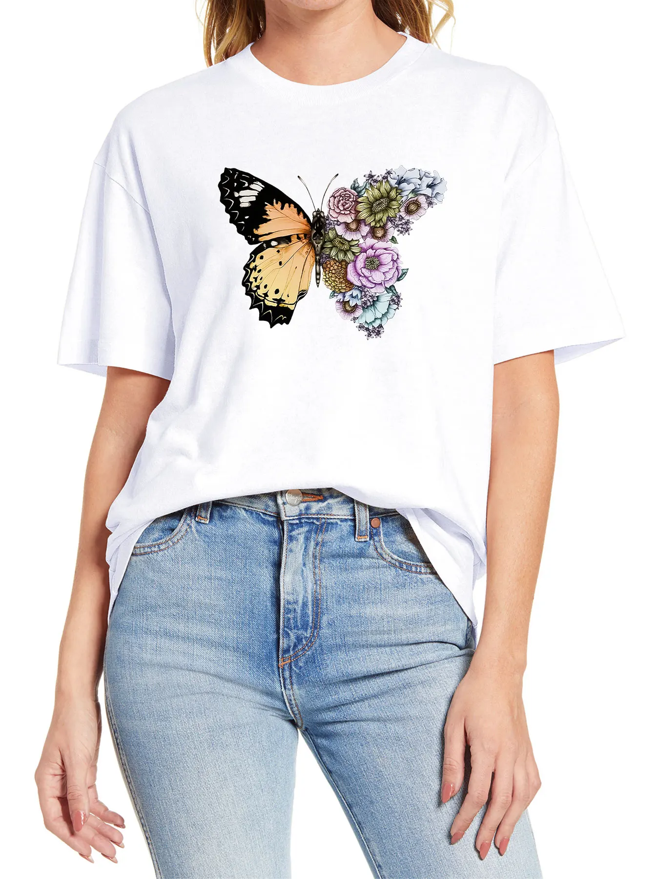 

Футболка с круглым вырезом для мужчин и женщин, Повседневная рубашка из 100% хлопка с принтом бабочек, цветов, крыльев, Повседневная Уличная одежда