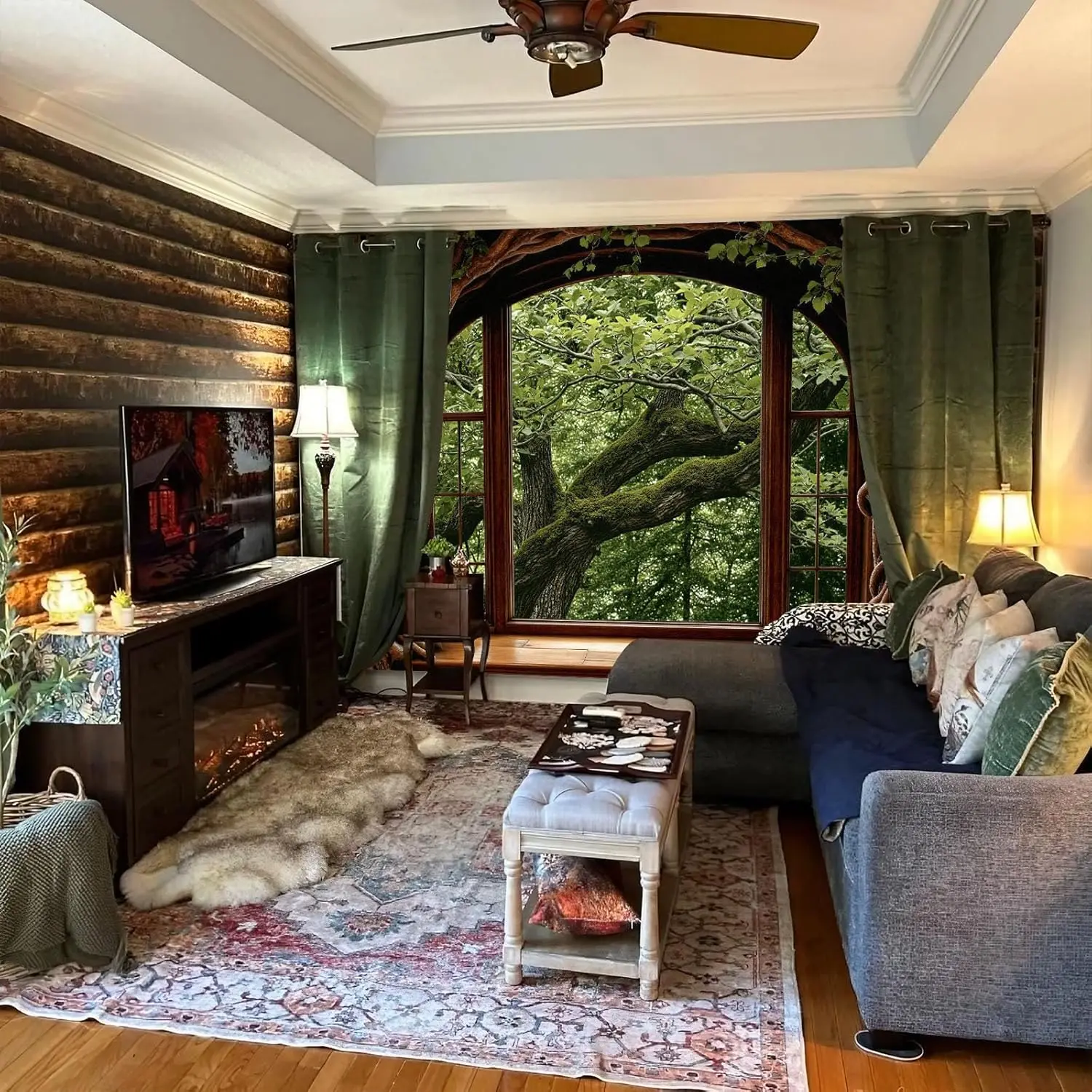 Forest Window Tapestry, Nature Outdoor Tree Wall Backdrop, Woodland Scene Large Mural for Bedroom Living Room Office Decor
