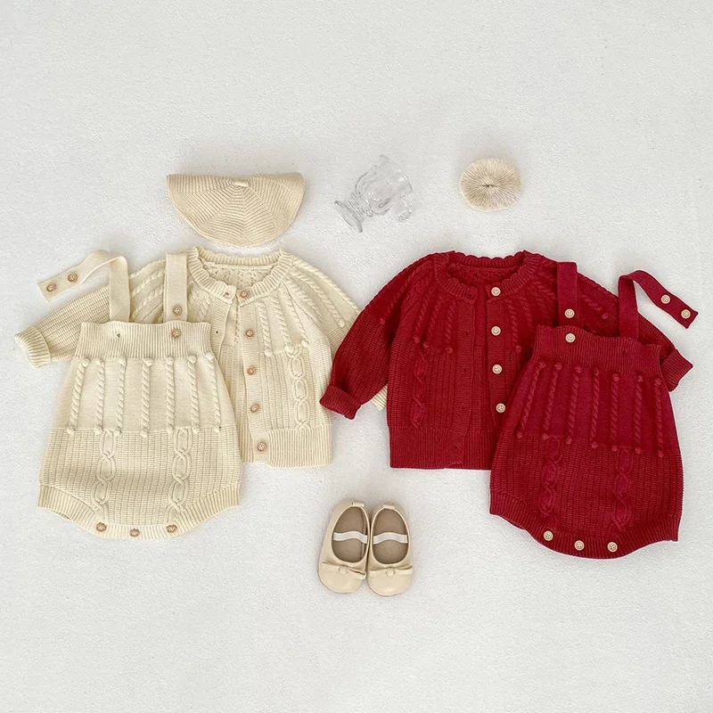2025 New Autumn 0-3Yrs Kids Clothes Suit Toddler Baby Girl Clothes Set Long Sleeved Knitted Cardigan+Jumpsuit