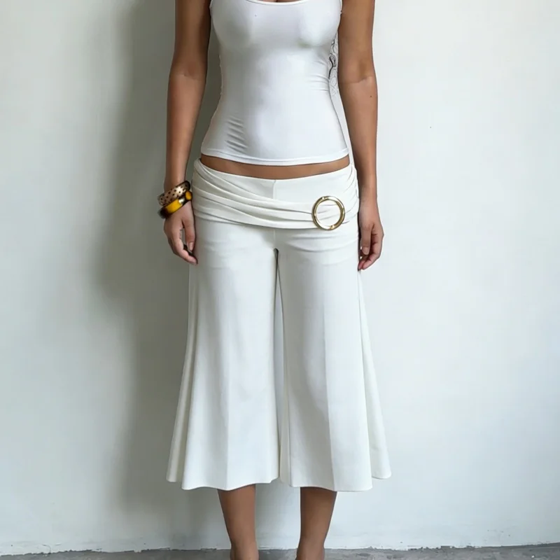 Y2k Metal Rings Capri Pants Shorts Ruched Mid Rise Sexy Bodycon Clubwear Party Summer Streetwear Casual Wide Leg Pants