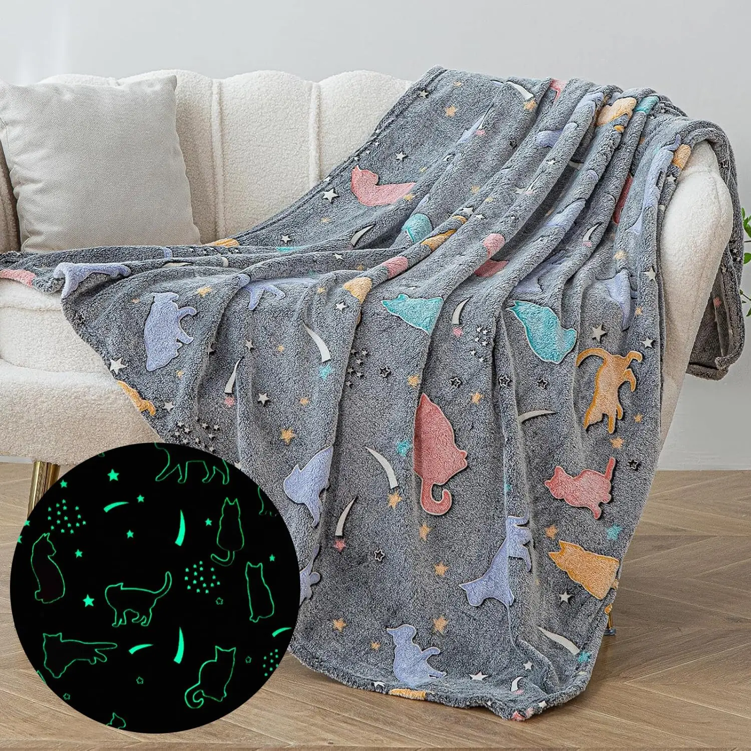 Sviuse Glow in The Dark Cat Blanket Ultra Soft Flannel Throw Gifts for Cats Lovers Girls Kids Grey Lovely Kitten Pattern Luminou