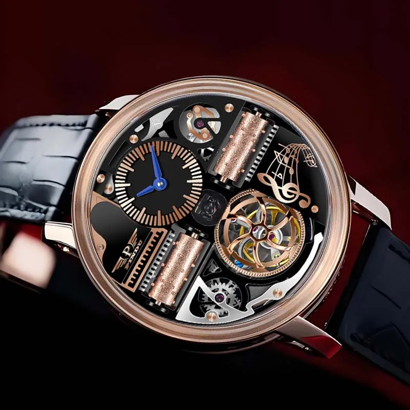 PINDU تصميم جديد The Godfather Machinery Watch الرجال الفولاذ المقاوم للصدأ الياقوت الزجاج أعلى الفاخرة ساعات المعصم التلقائية للماء