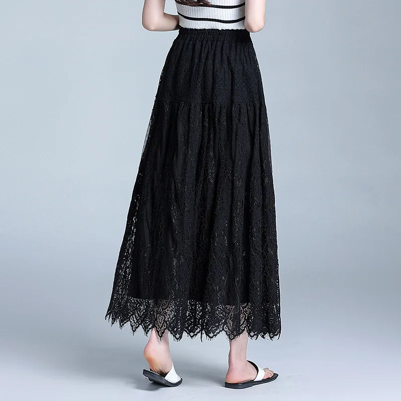 Heavy Industry Lace White Skirt Women's Spring French Design Feeling Slim A-line Skirt Elastic Waist Mid length Skirt