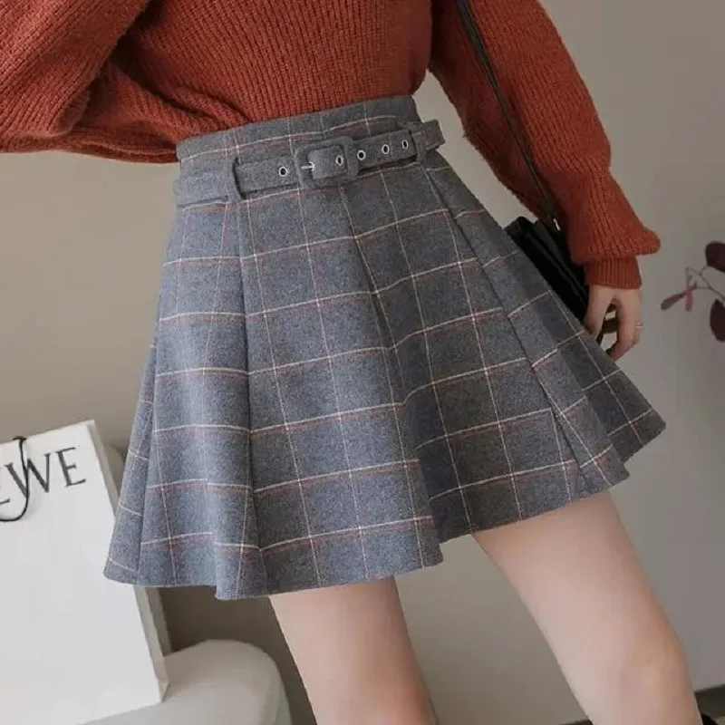 Korean style plaid skirt shorts A-line high waisted mini skirts for women kawaii autumn winter wool short skirts with belt