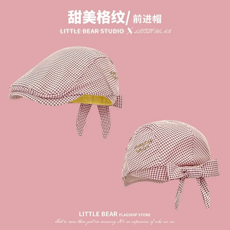 Ins Fresh Colorful Plaid Bow Strap Berets for Women Summer and Autumn Travel Sunscreen Versatile Sweet Literary Painter's Hats