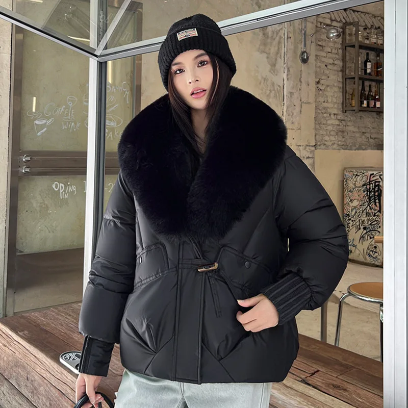2026 Fashion Big Fur Collar Down Cotton-padded Jacket Women's Short Parkas Winter Streetwear Outerwear Lady Thicken Loose Coats