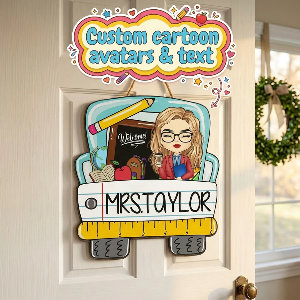 Personalized Custom Teacher Cartoon Door Sign,School Bus Shaped Wooden Hanging Plaque,Teacher Appreciation Gift,Back To School