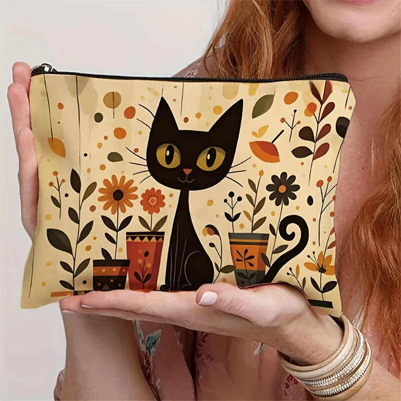 Cat and Floral Toiletry Bag - Double-sided Printed Portable Makeup Pouch with Zipper Closure, Cosmetic and Toiletries Organizer,