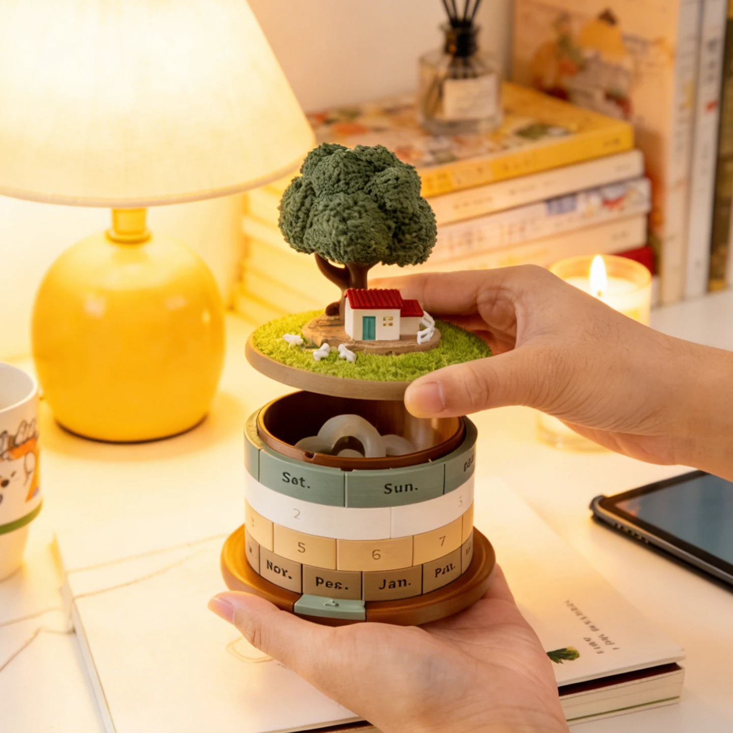 Cute Mini Desktop Organizer Rotatable Perpetual Calendar Ornament Cleaning Stick Storage Music Box Home Decor Birthday Gifts
