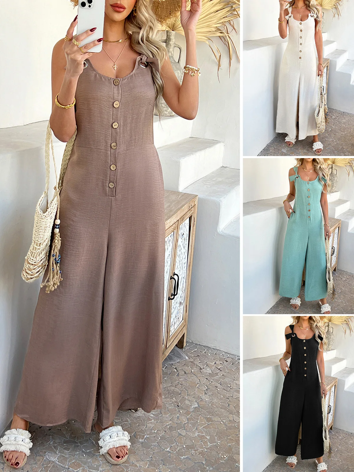 

Ele High Waist Wide Leg Jumpsuit Casual Loose Holiday Piece Polyester Fiber Long Pants Sle Women's Onesie