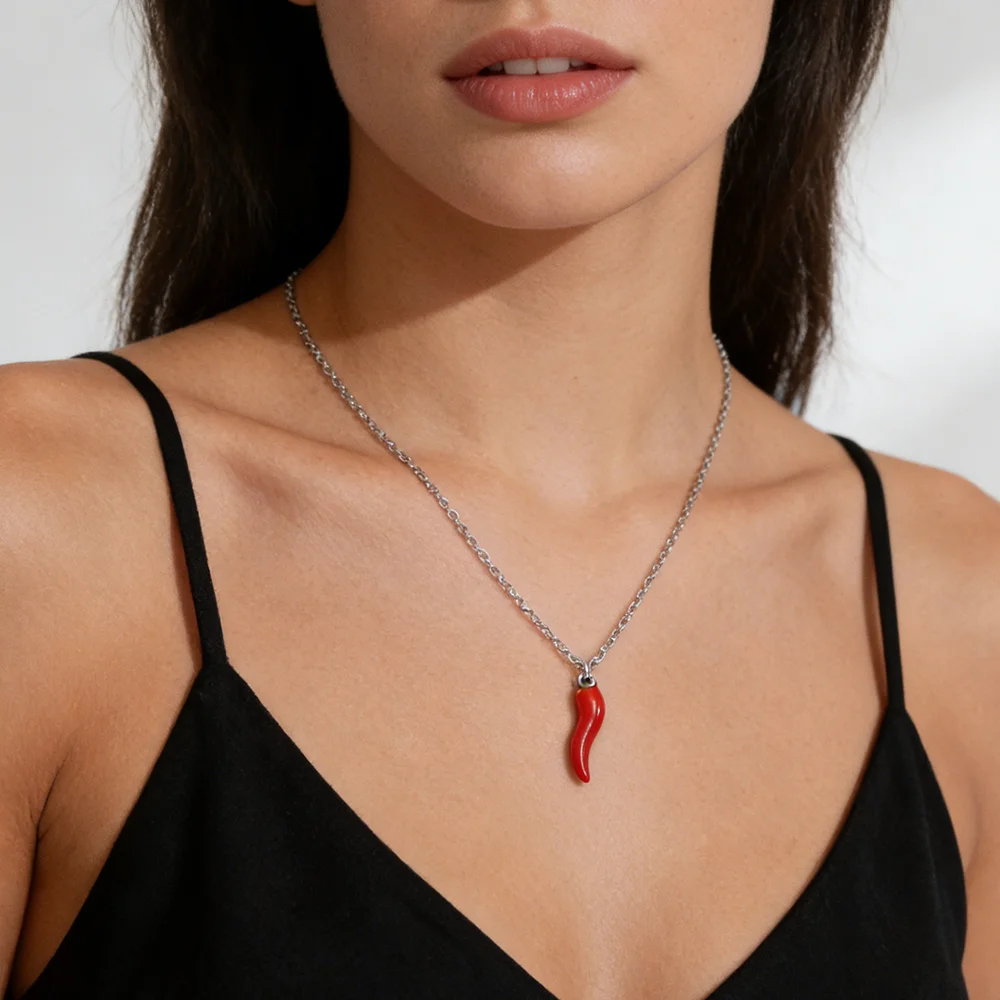 Red Enamel Italian Horn Necklace Stainless Steel Gold Color Waterproof Necklaces Good Luck Protection Jewelry Gift for Women