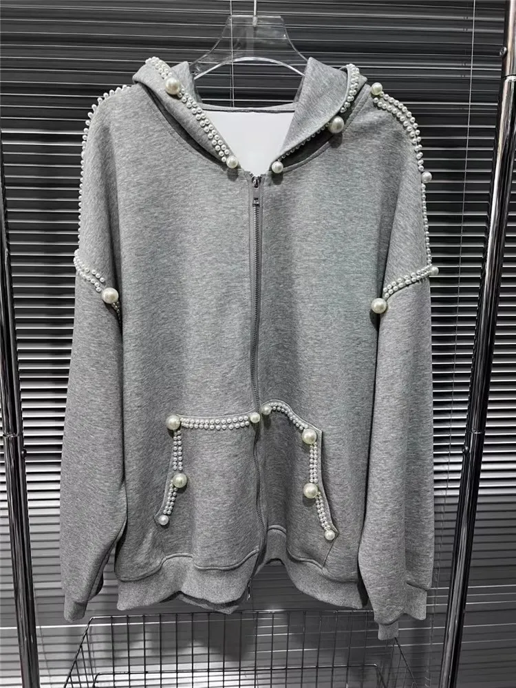 Women Casual Oversize Hooded Coat Long Sleeve Spring Autumn Fashion Pearls Loose Fit Zipper High Street Ladies Cardigan Jacket