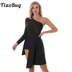 Women One Shoulder Long Sleeve Ballet Dance Dress Moden Contemporary Lyrical Dance Costumes Stage Performance Dancewear