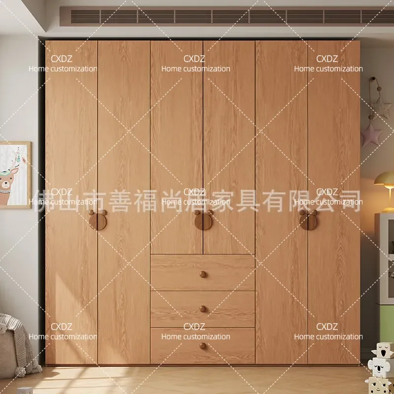Solid Wood Oak Wardrobe Modern Simple Bedroom Storage Cabinet Log Color Locker Free Handle Design for Rental Room Home