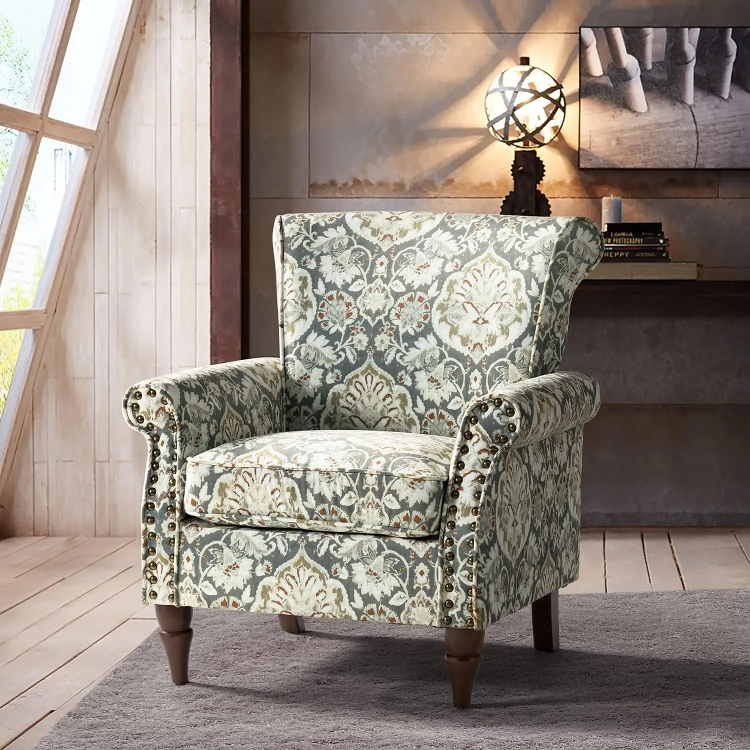 Modern Wingback Accent Chair with Wood Legs & Removable Cushion, Comfy Upholstered Armchair with Nailhead Trim, Pine