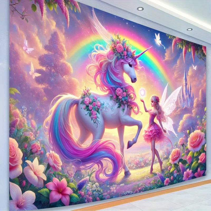 Unicorn Fantasy Tapestry Magical Realm Wall Hanging Kids Room Decor Rainbow Castle Fairy Princess Mythical Creature Dreamy