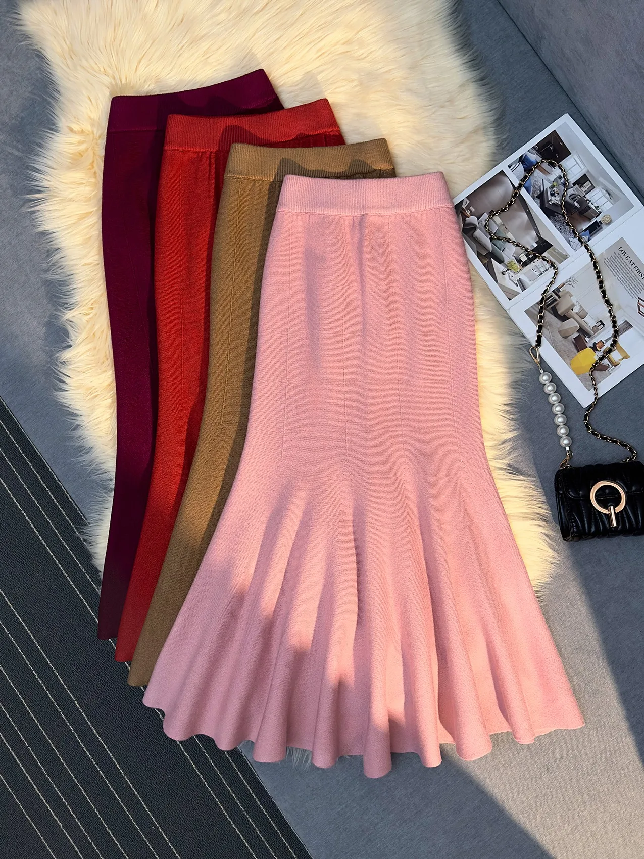 Thiened malha fi cauda f saia com camisola comprimento médio envoltório em torno da saia cintura alta coreano sle commute mistura de poliéster