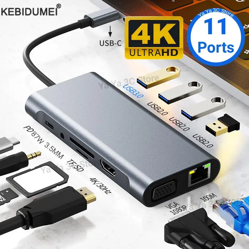 

11 in 1 USB C HUB 4K 30Hz Type C to HDMI-compatible USB 3.0 Adapter Type C HUB Dock PD 87W USB C Splitter for MacBook Pro Air