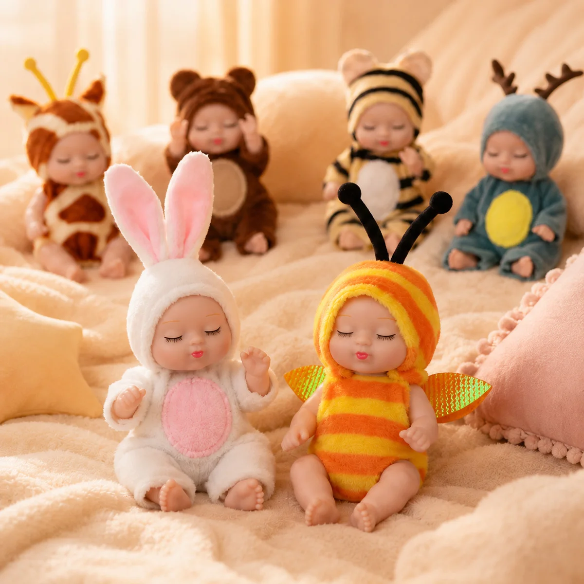 1/6PCS Mini Sleep Baby Doll Animal Onesie Closed Eye Cute Cartoon Styling Assorted Vivid Designs Fun Birthday Christmas Play Toy