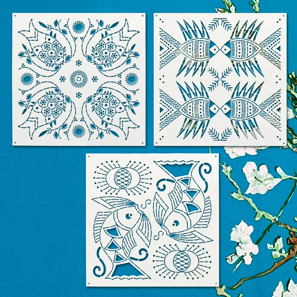 Sashiko embroidery template ethnic fish pattern placemat table mat embroidery reuse handmade DIY tracing soft template