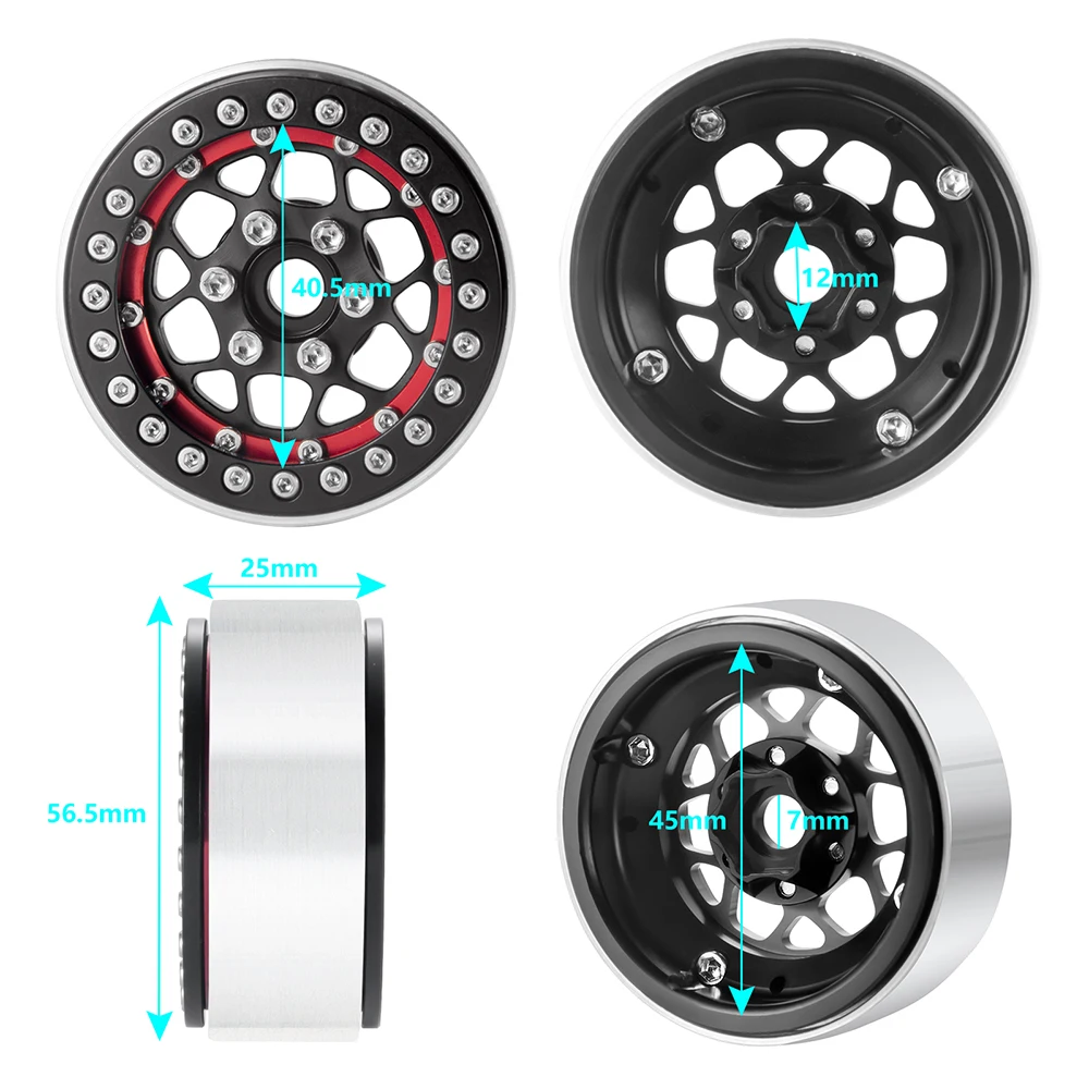 AXSPEED 4Pcs Aluminum Alloy Beadlock 1.9 inch 56.5*25mm Wheel Rims Hubs for Axial SCX10 D90 TRX4 1/10 RC Crawler Car