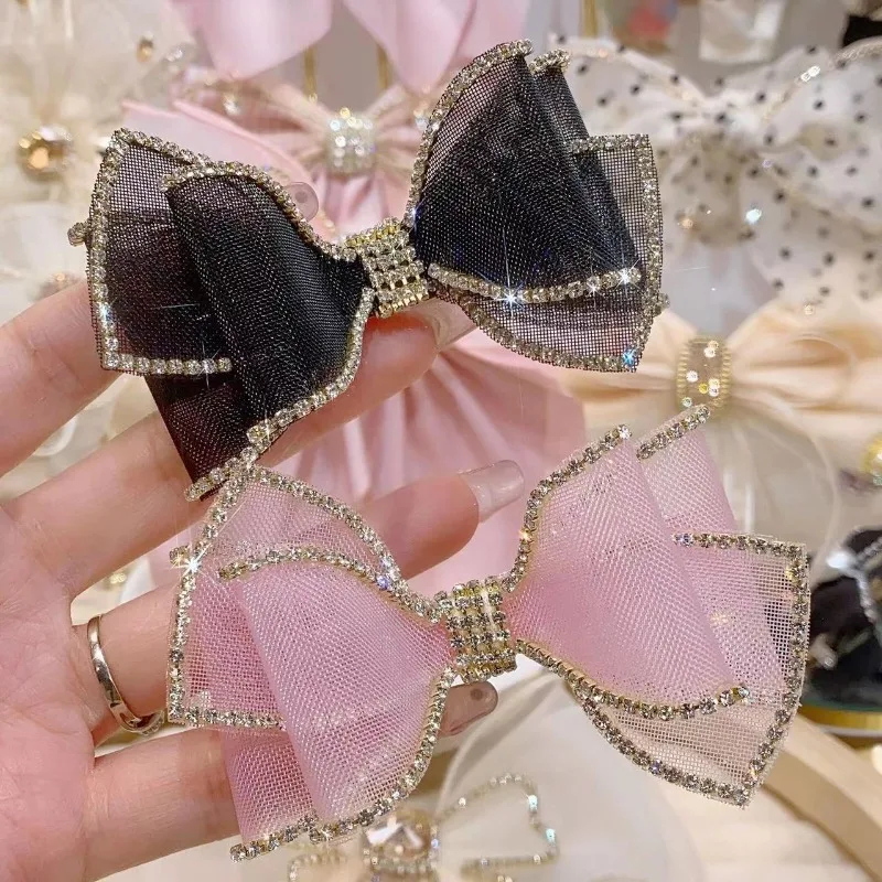 Korean Mesh Bow Rhinestone Hair Clips for Women Girls Elegant Hairpins Temperament Ponytail Clip Headdress Hair Accessories