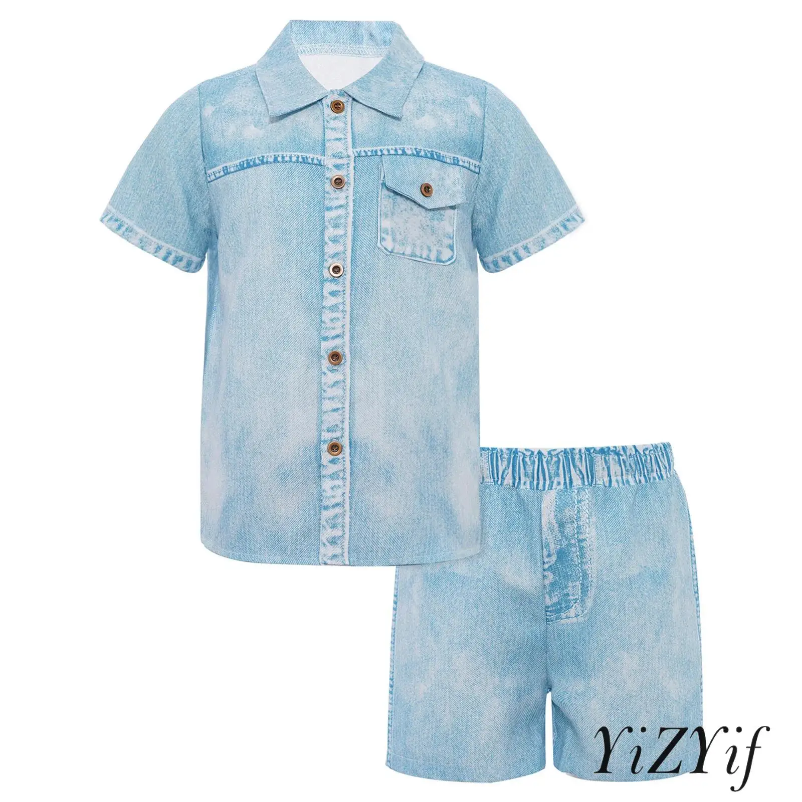 

Kids Boys Imitation Denim Two-Piece Set Turn-Down Collar Short Sleeves Shirt With Elastic Waistband Shorts For Holiday Leisure