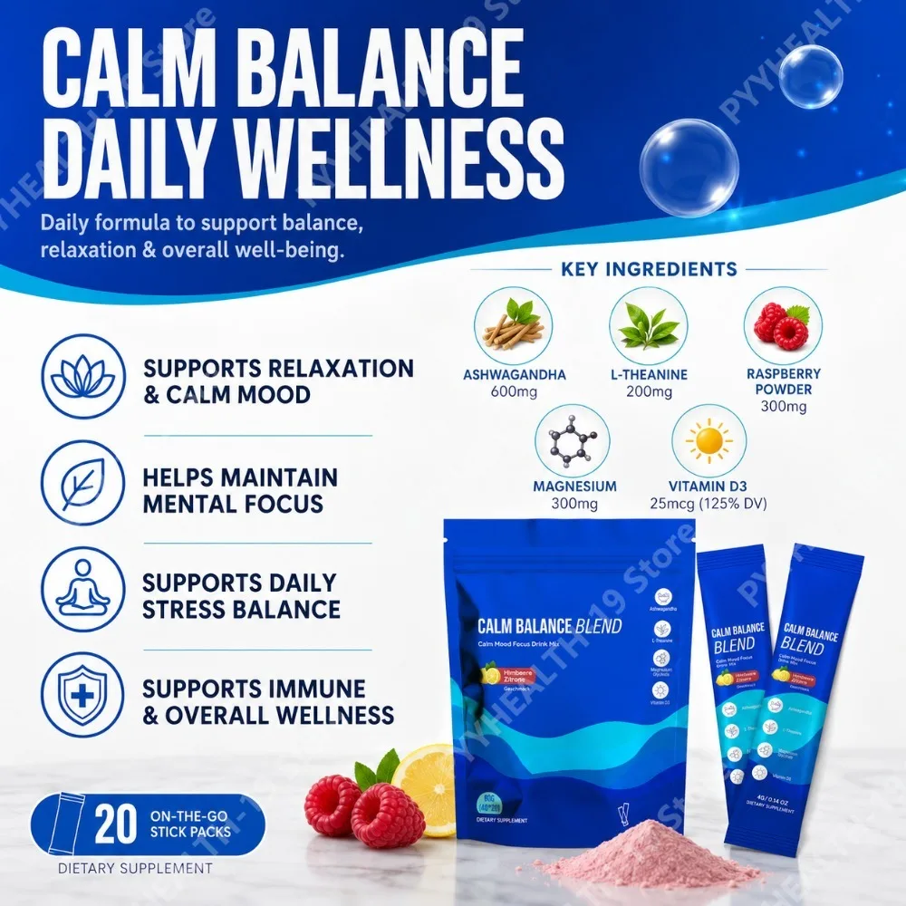 AMZ Calm Balance Blend Drink Mix L-Theanine Magnesium Ashwagandha For Mood Focus Relaxation & Immune Support Adult 20 Packets